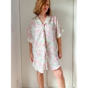 Vintage 80s floral Print Satin Nightgown Pastels size Medium Pink white